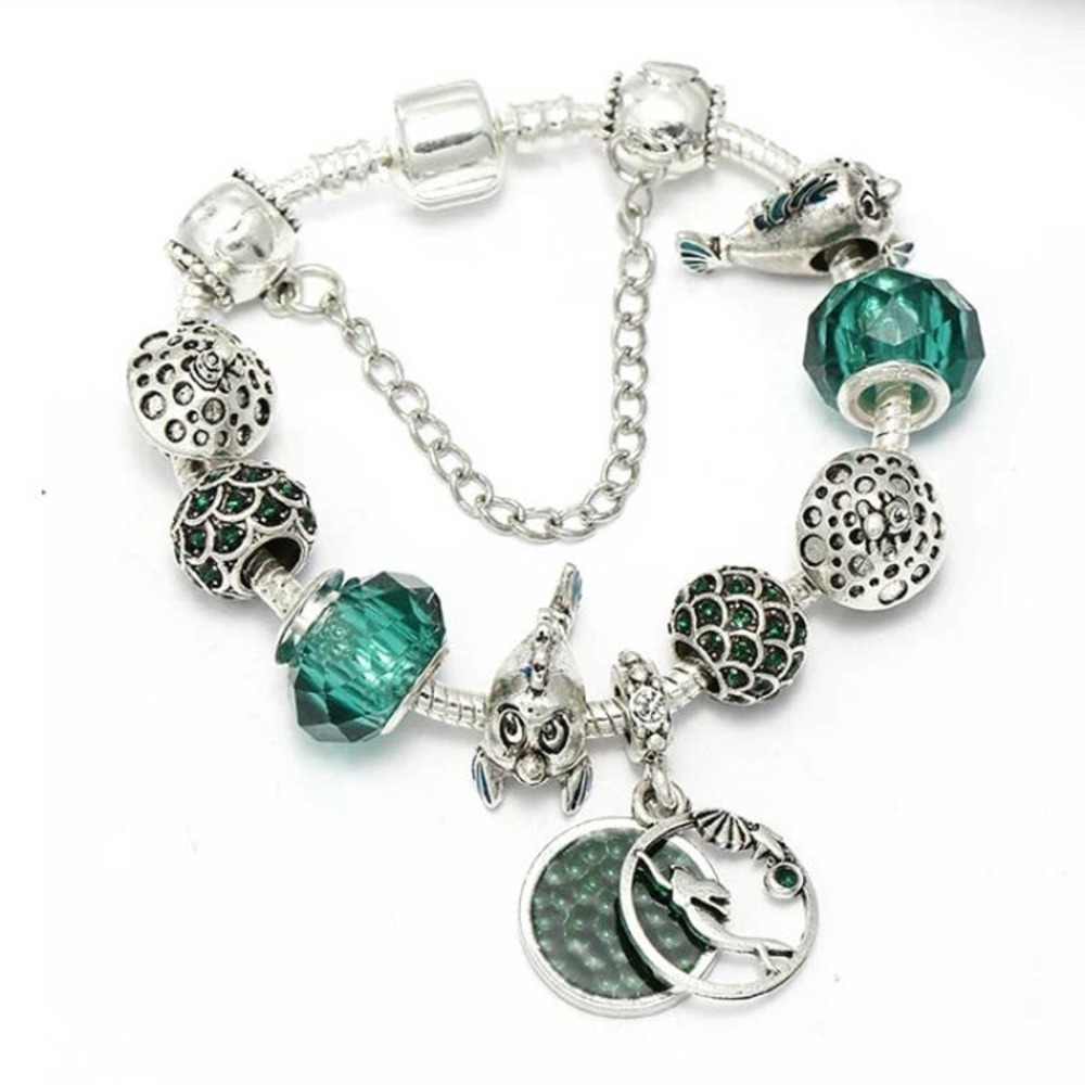 Silver Plated Teal Little Mermaid Snake Charm Bracelet